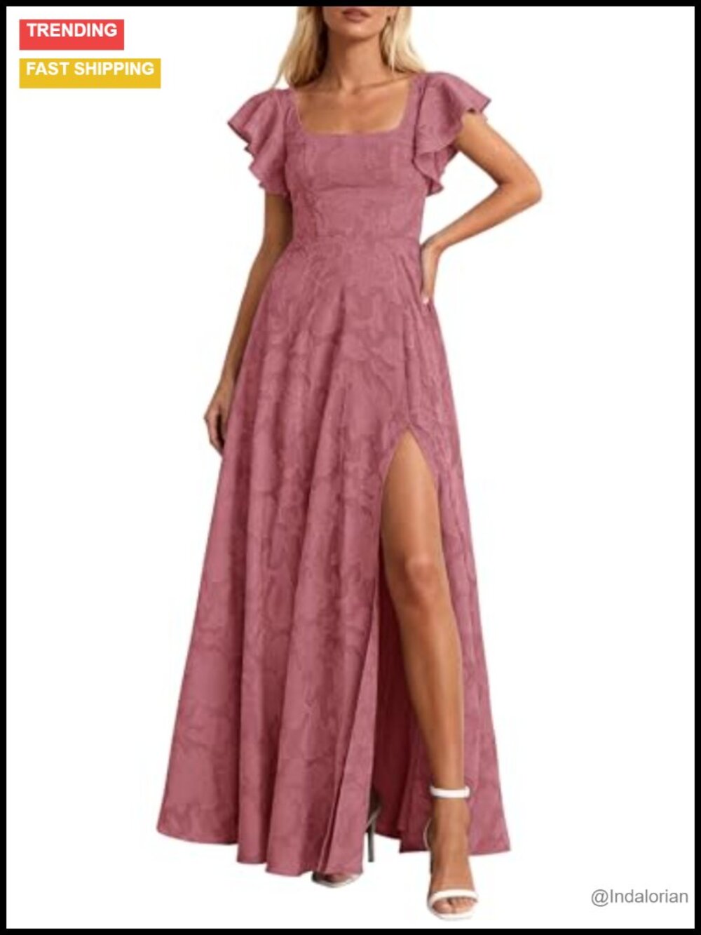 Jacquard Maxi Dress Square Neck Ruffle Sleeve High Slit Wedding Guest Formal